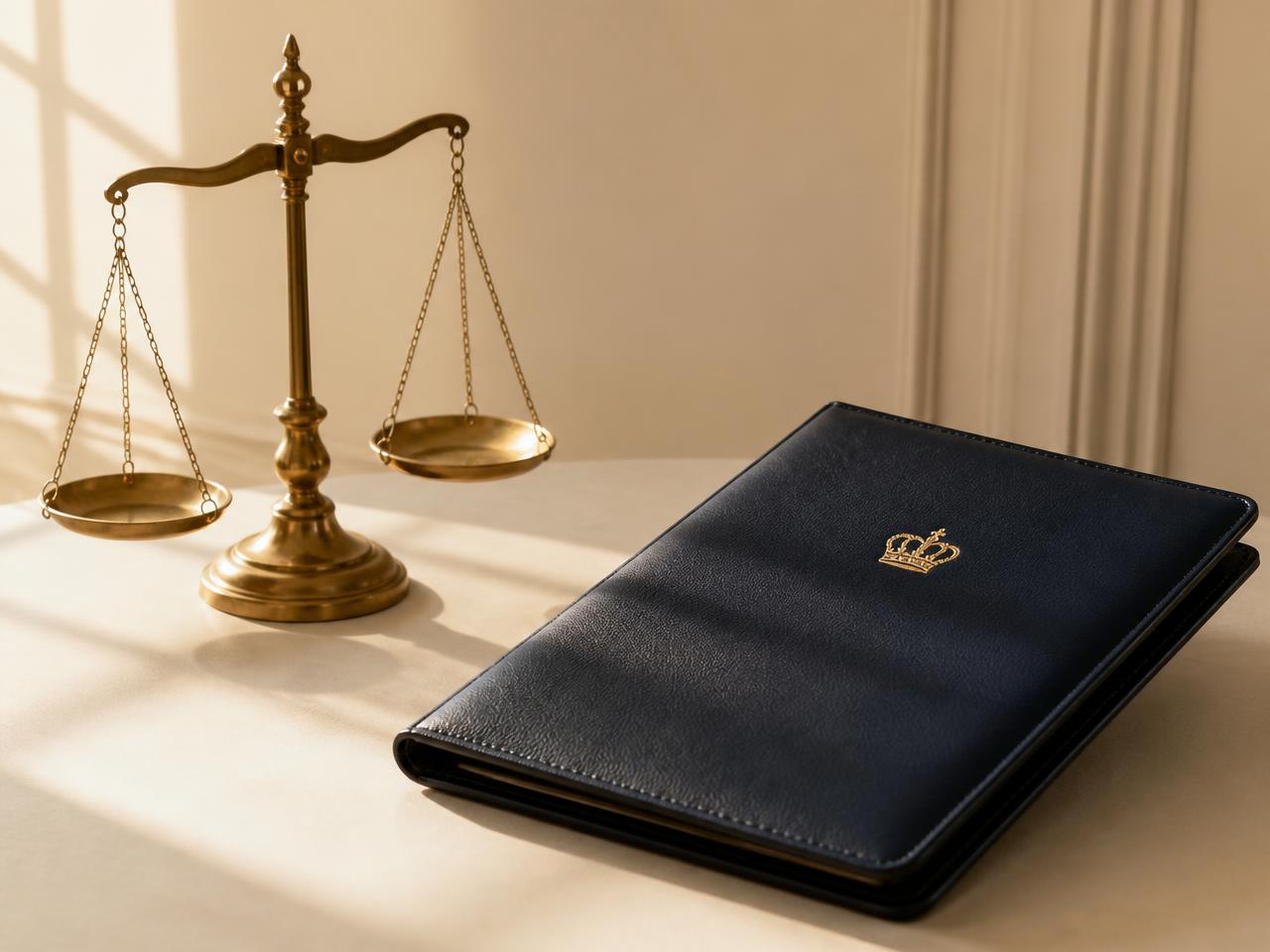 Brass balance scale and navy legal folio in daylight