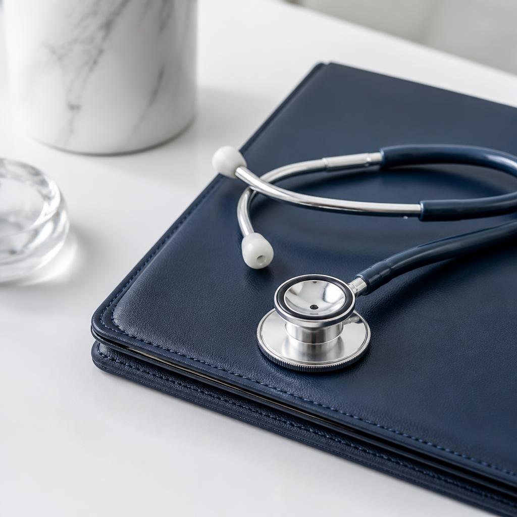 Stethoscope resting on a navy leather folio