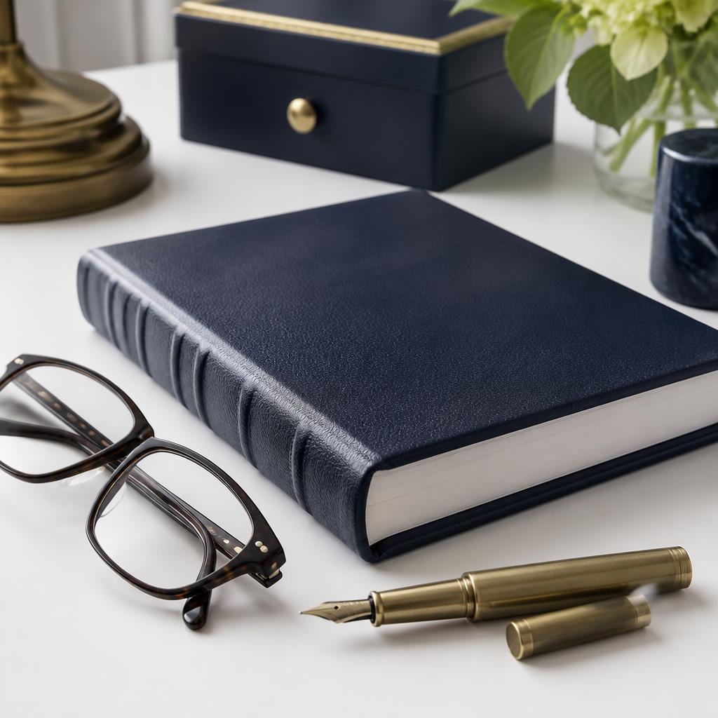 Navy law book, brass pen and reading glasses